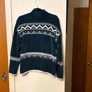 Christian Siriano Dark Teal and White Geometric Turtleneck Sweater